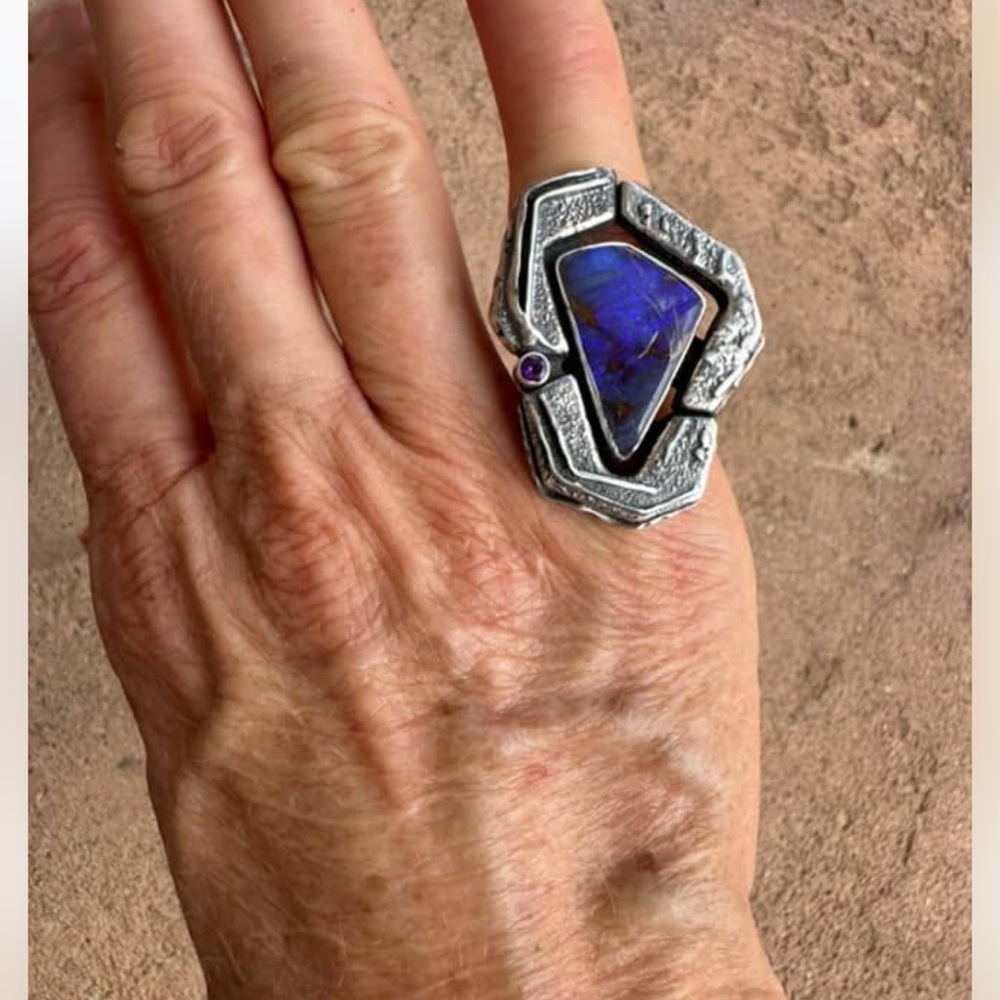 Sterling Silver and Boulder Opal Geometric Ring with Gold